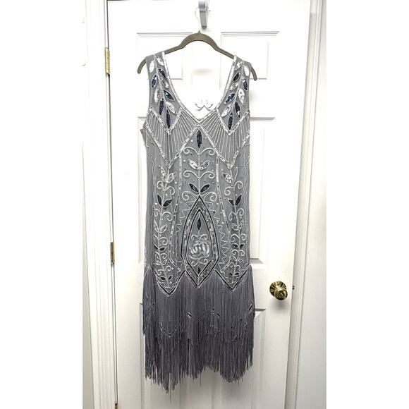 Metme Flapper Fringe Dress Sequins Costume Gray Silver Midi 1920 Women’s XXL, L - Picture 1 of 7